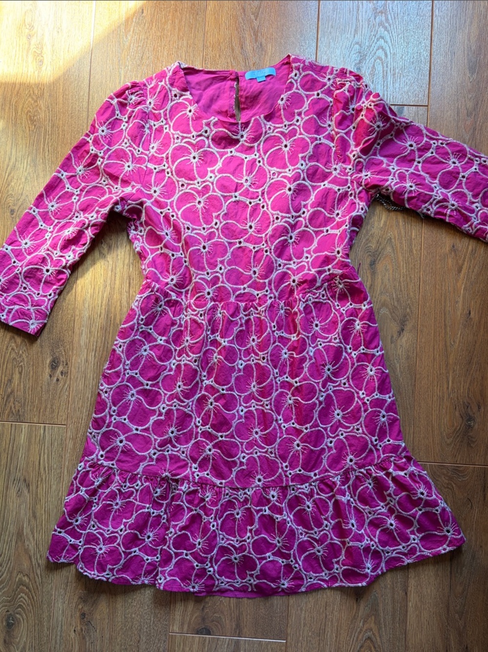 Draper James Fuchsia Pink Floral Eyelet Long Sleeve Cotton Dress